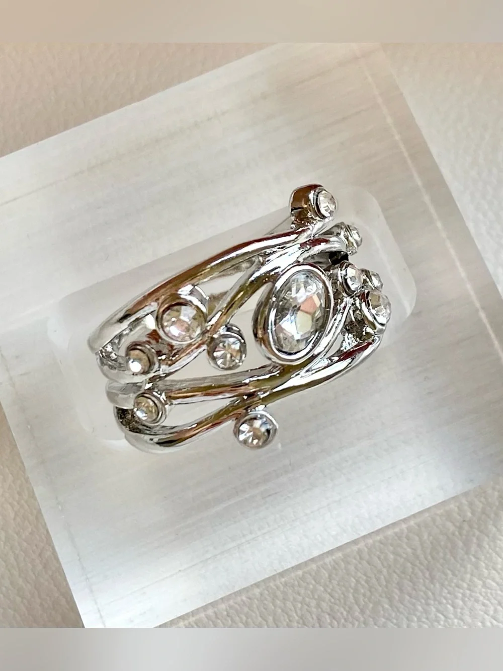 Silver Crystal Multi-Row Statement Ring